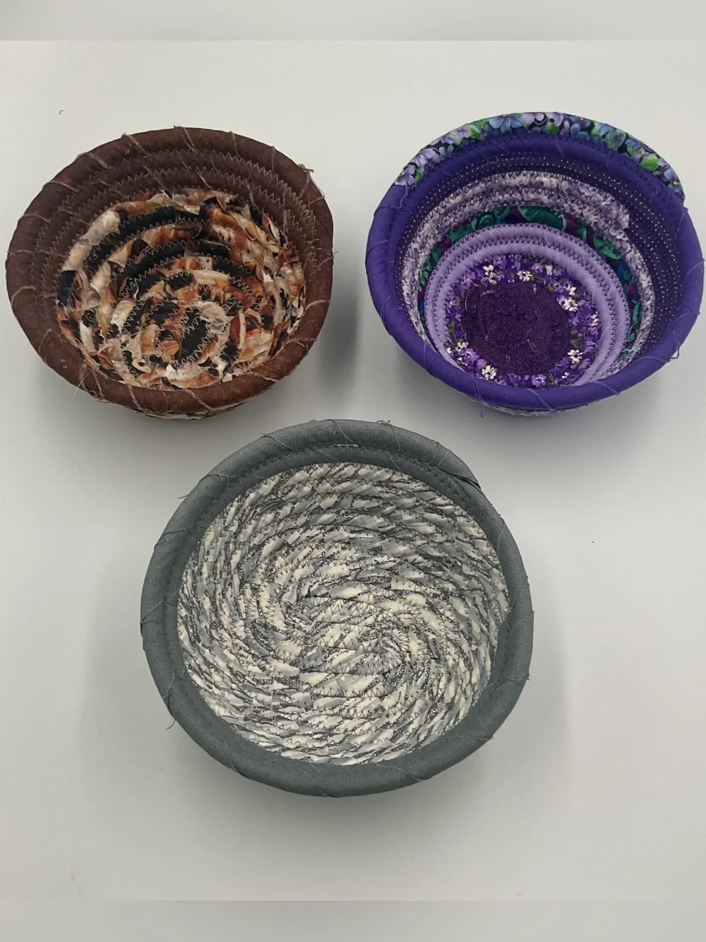 Hand Crafted Coil Baskets in Gray, Purple and Brown